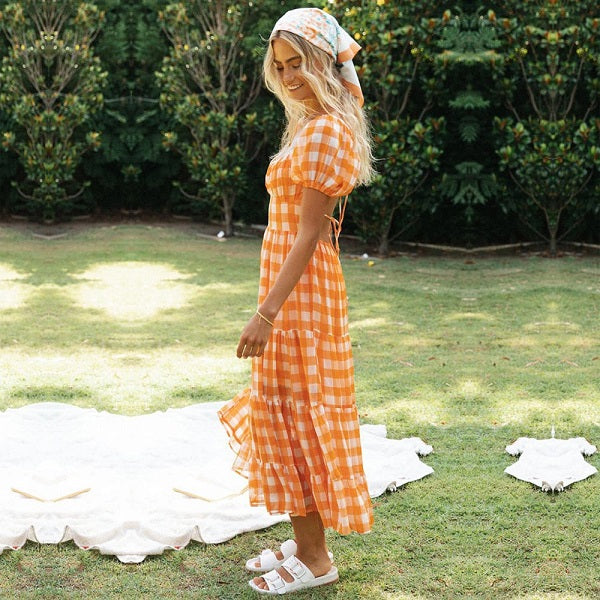 Puff Sleeve Vintage Plaid Printed V-neck Backless Dresses