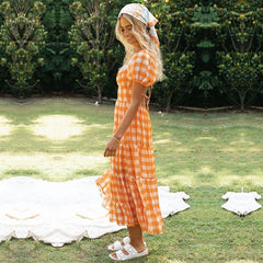 Puff Sleeve Vintage Plaid Printed V-neck Backless Dresses