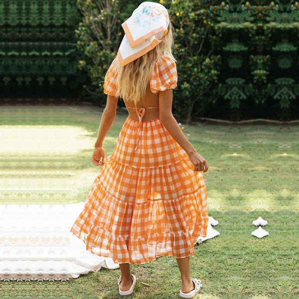 Puff Sleeve Vintage Plaid Printed V-neck Backless Dresses