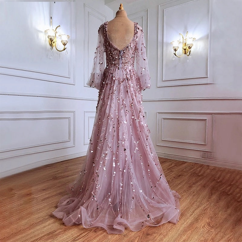 Puff Sleeves Beading Luxury A-Line Evening Dreses