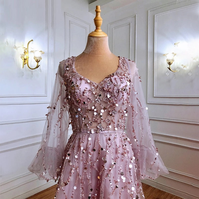 Puff Sleeves Beading Luxury A-Line Evening Dreses