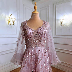 Puff Sleeves Beading Luxury A-Line Evening Dreses