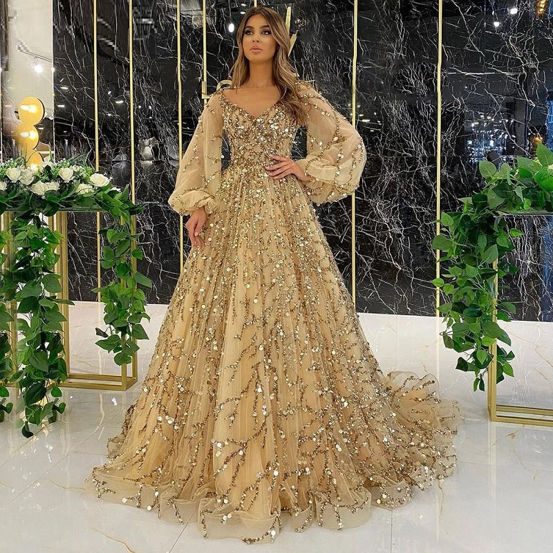 Puff Sleeves Beading Luxury A-Line Evening Dreses