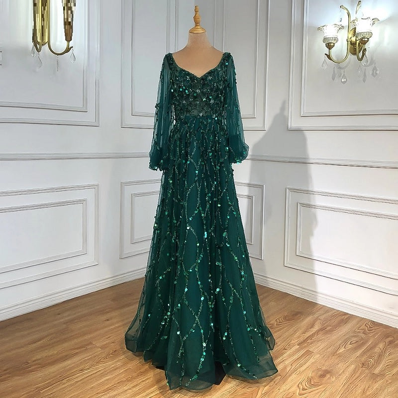 Puff Sleeves Beading Luxury A-Line Evening Dreses