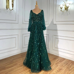 Puff Sleeves Beading Luxury A-Line Evening Dreses
