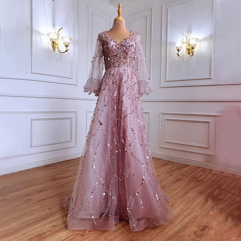 Puff Sleeves Beading Luxury A-Line Evening Dreses
