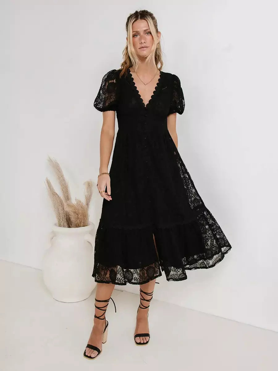 Casual Puff Sleeves Lace V-Neckline Short Sleeve Illusion Sheer Layered Midi Dress