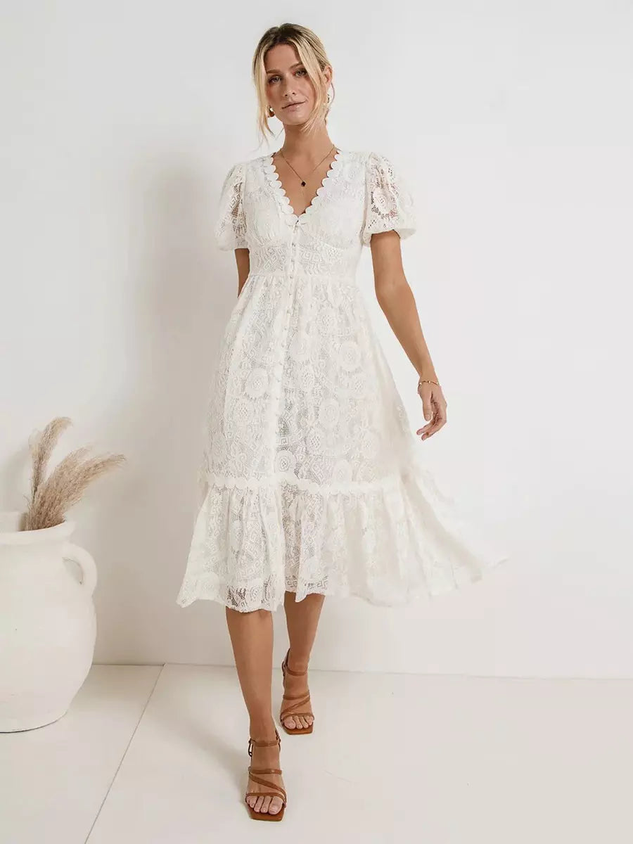 Casual Puff Sleeves Lace V-Neckline Short Sleeve Illusion Sheer Layered Midi Dress