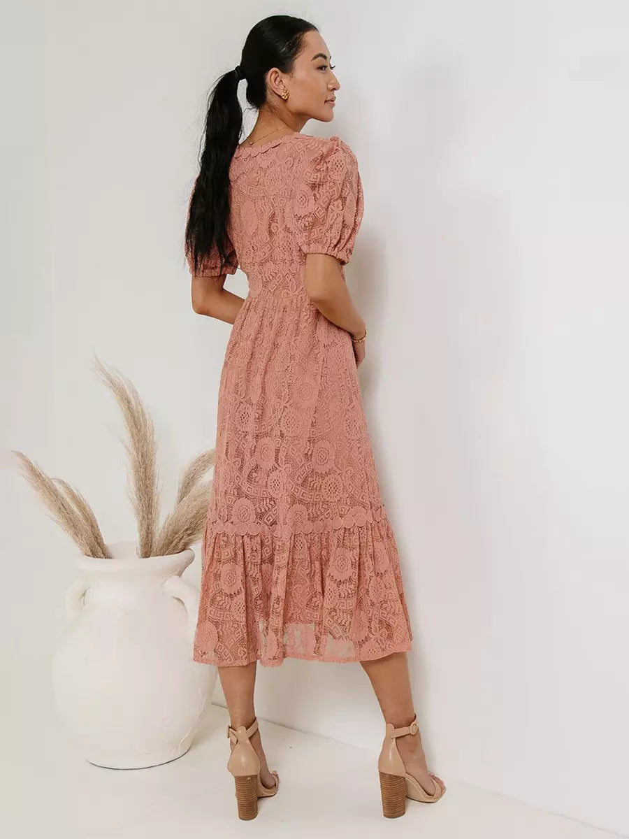 Casual Puff Sleeves Lace V-Neckline Short Sleeve Illusion Sheer Layered Midi Dress