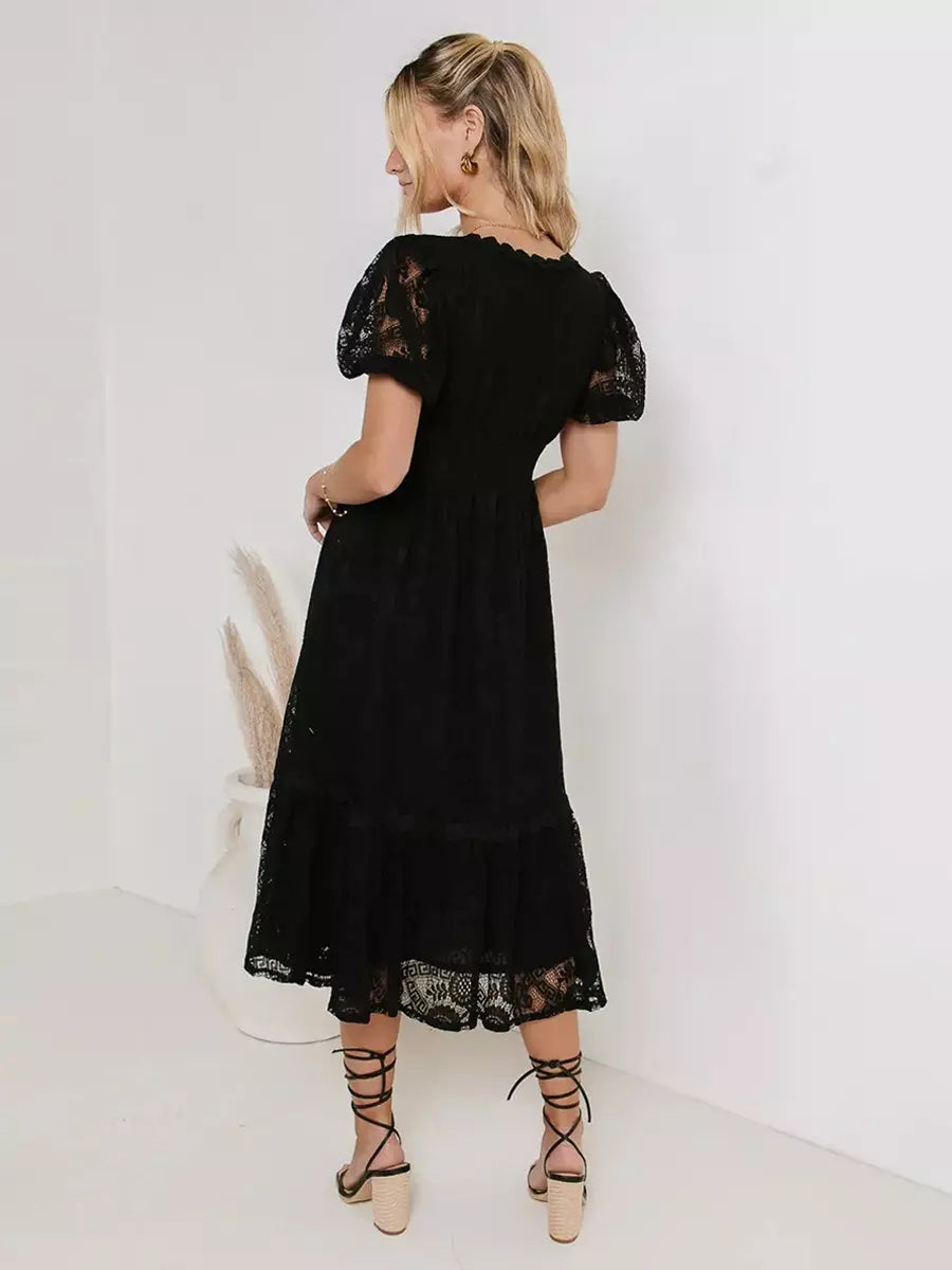 Casual Puff Sleeves Lace V-Neckline Short Sleeve Illusion Sheer Layered Midi Dress