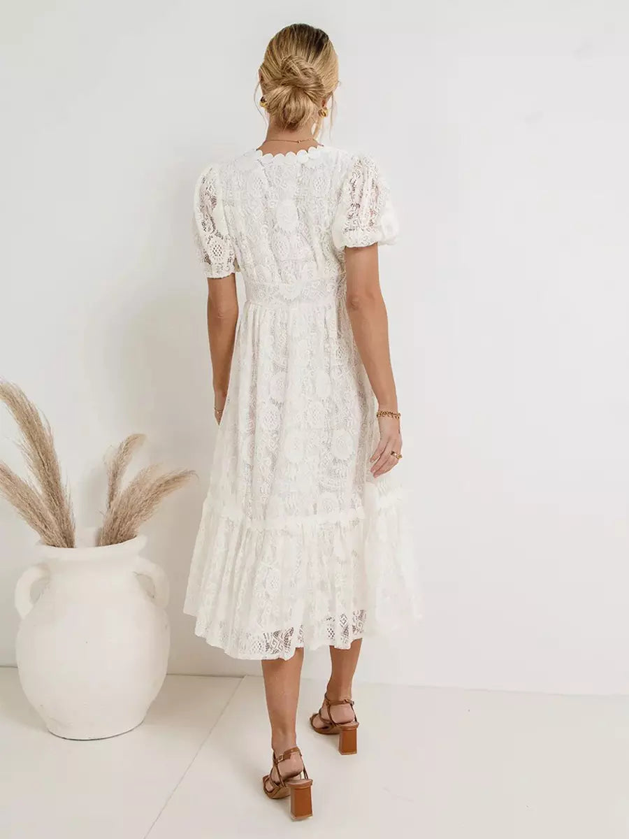 Casual Puff Sleeves Lace V-Neckline Short Sleeve Illusion Sheer Layered Midi Dress