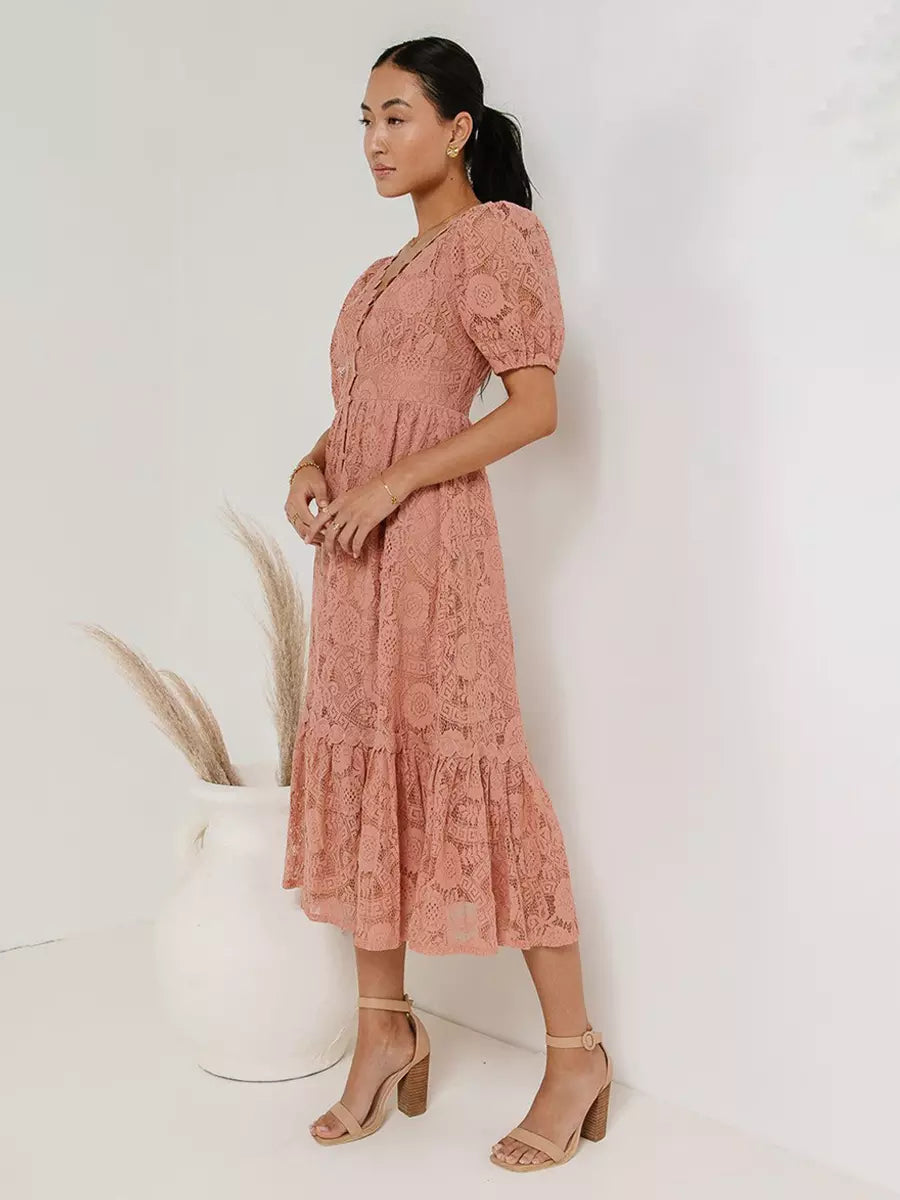 Casual Puff Sleeves Lace V-Neckline Short Sleeve Illusion Sheer Layered Midi Dress