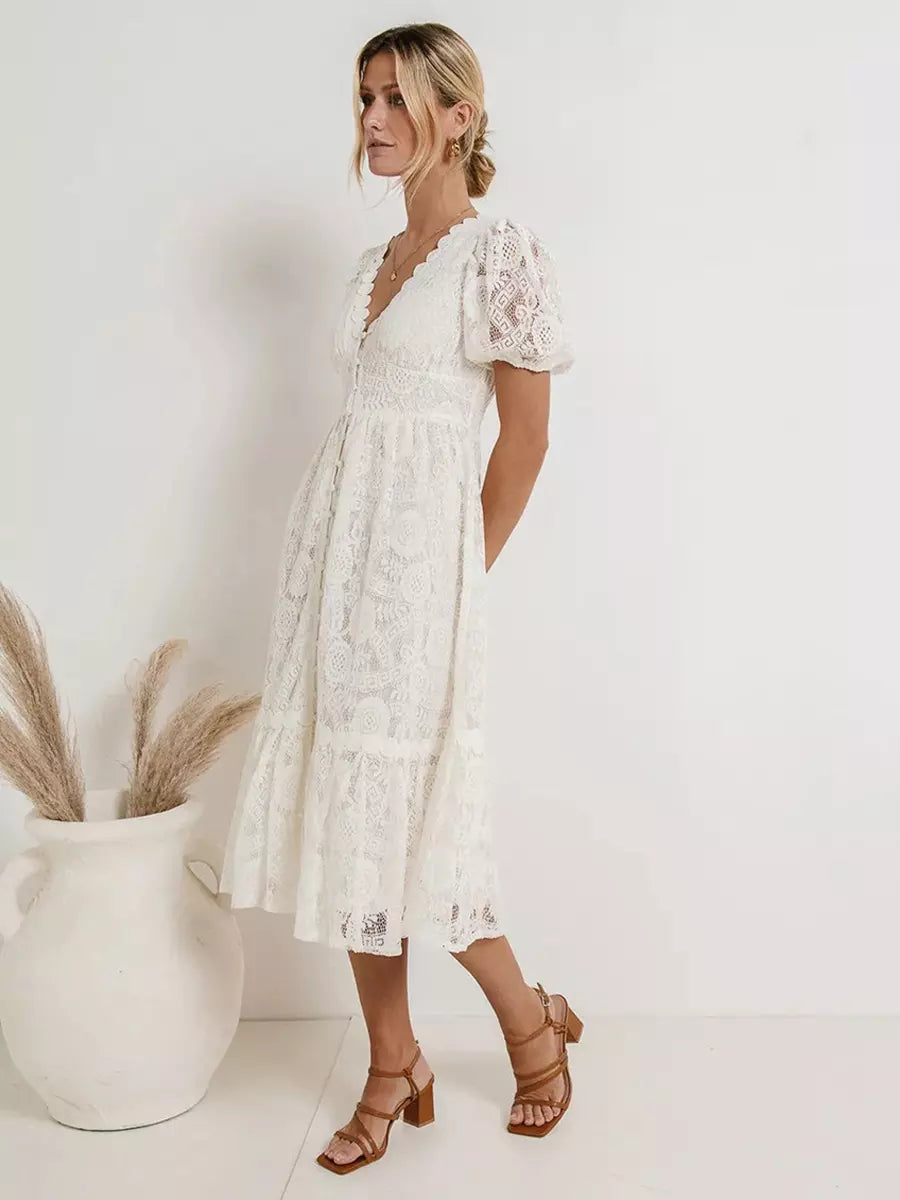 Casual Puff Sleeves Lace V-Neckline Short Sleeve Illusion Sheer Layered Midi Dress