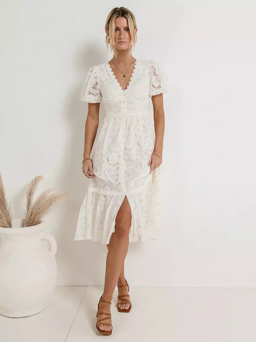 Casual Puff Sleeves Lace V-Neckline Short Sleeve Illusion Sheer Layered Midi Dress