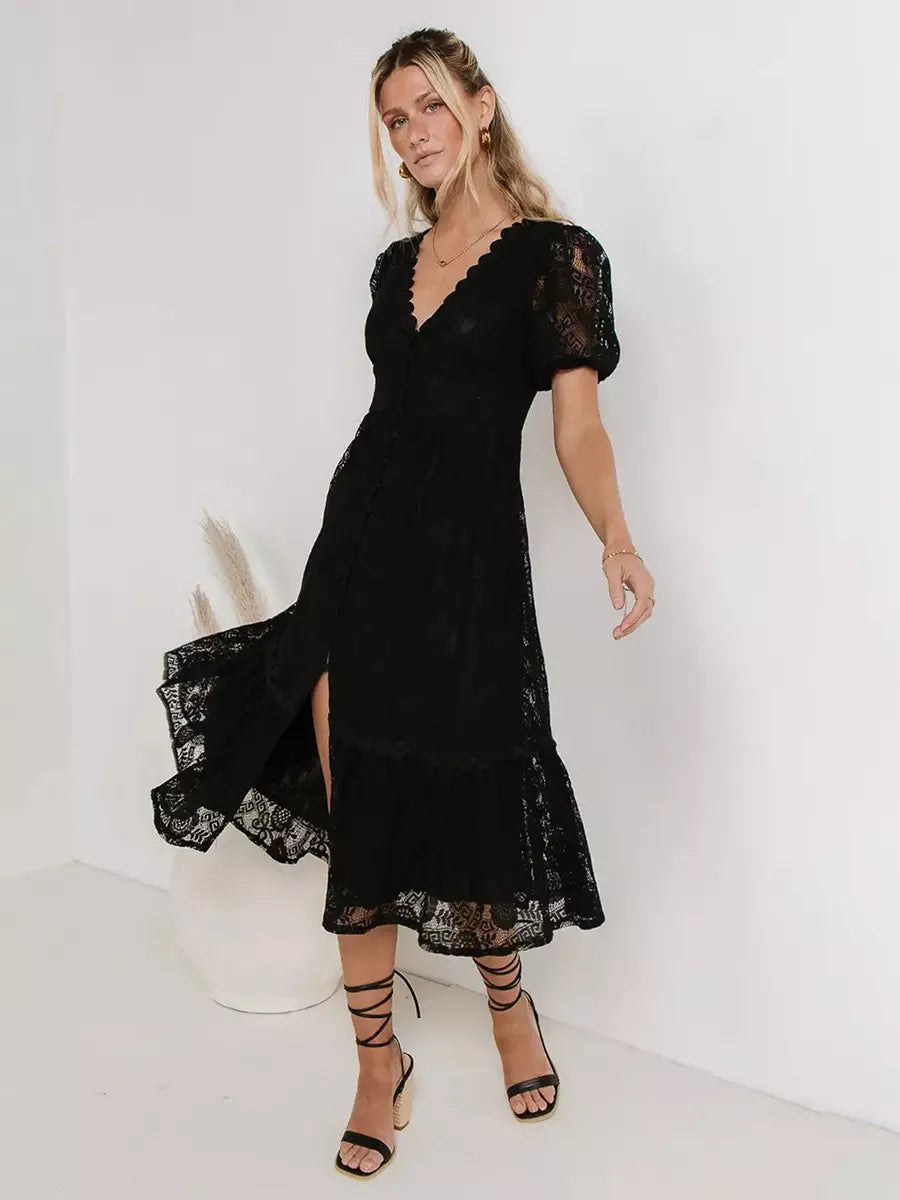Casual Puff Sleeves Lace V-Neckline Short Sleeve Illusion Sheer Layered Midi Dress