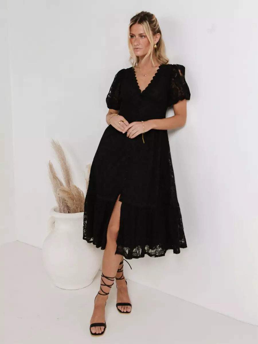 Casual Puff Sleeves Lace V-Neckline Short Sleeve Illusion Sheer Layered Midi Dress