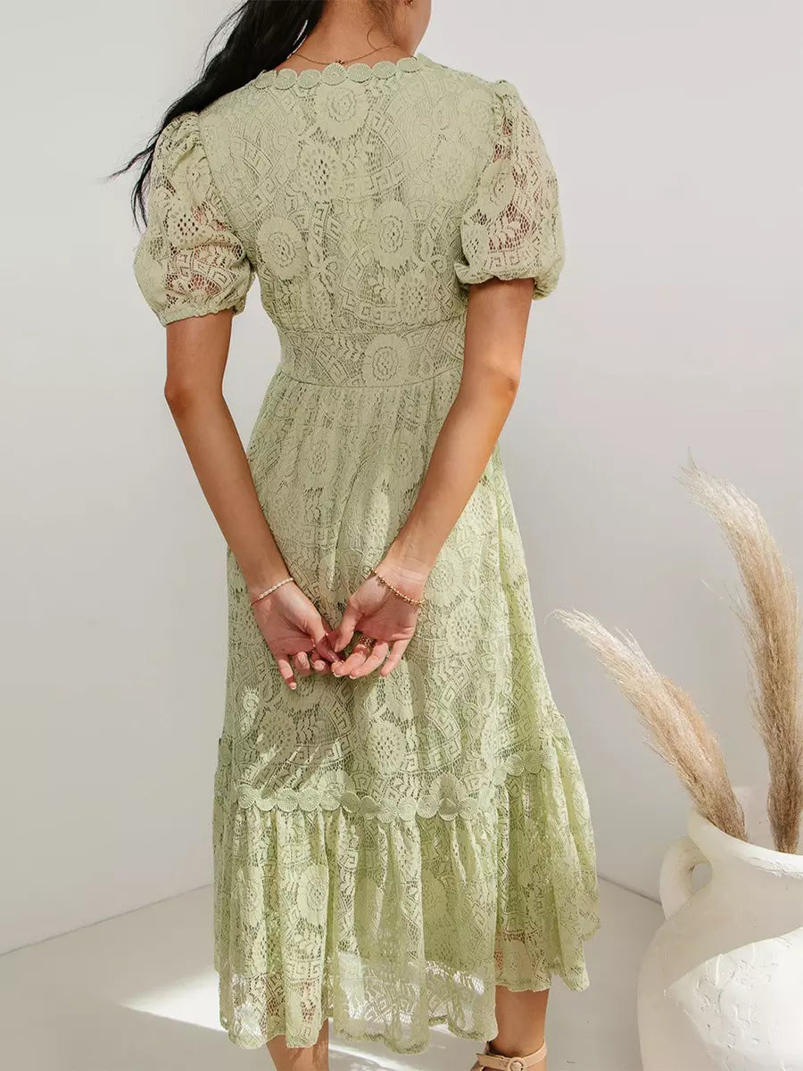 Casual Puff Sleeves Lace V-Neckline Short Sleeve Illusion Sheer Layered Midi Dress