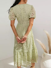 Casual Puff Sleeves Lace V-Neckline Short Sleeve Illusion Sheer Layered Midi Dress