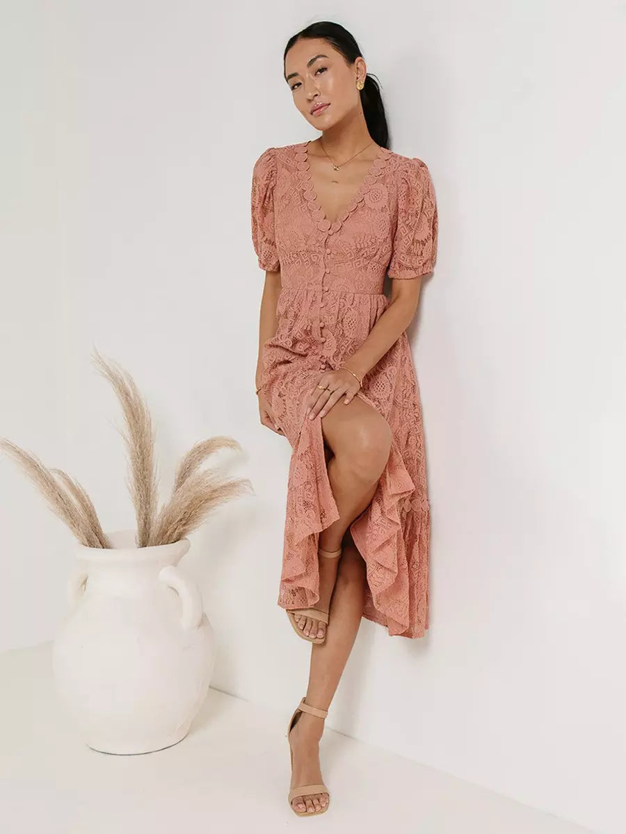 Casual Puff Sleeves Lace V-Neckline Short Sleeve Illusion Sheer Layered Midi Dress