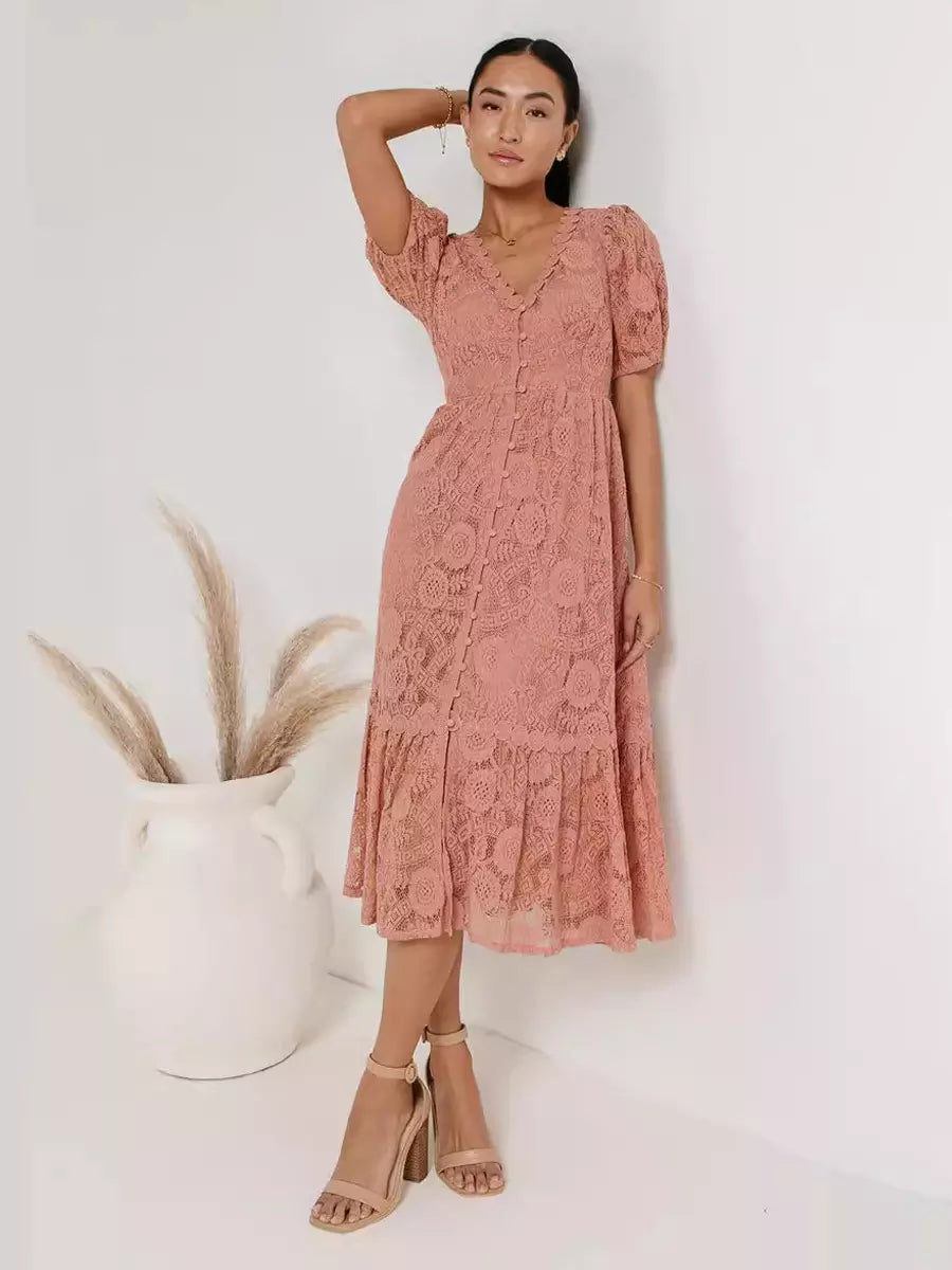 Casual Puff Sleeves Lace V-Neckline Short Sleeve Illusion Sheer Layered Midi Dress