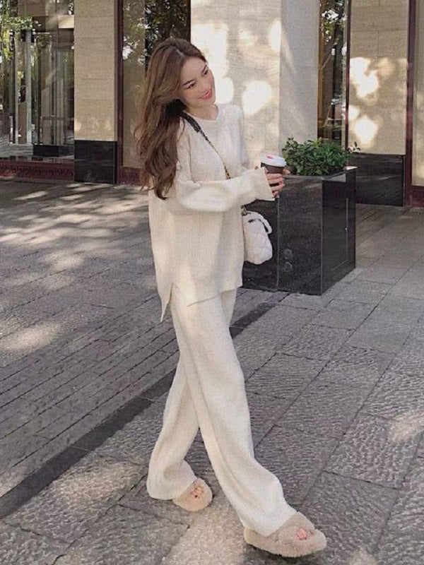 Pullover Knitting Sweater Suits Wide-legged Straight Pants Two Piece Set