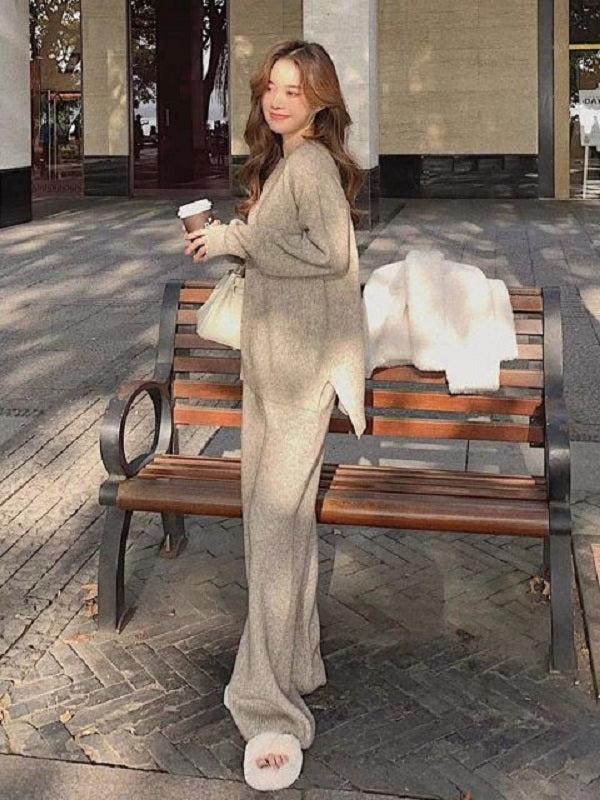 Pullover Knitting Sweater Suits Wide-legged Straight Pants Two Piece Set