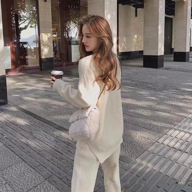Pullover Knitting Sweater Suits Wide-legged Straight Pants Two Piece Set