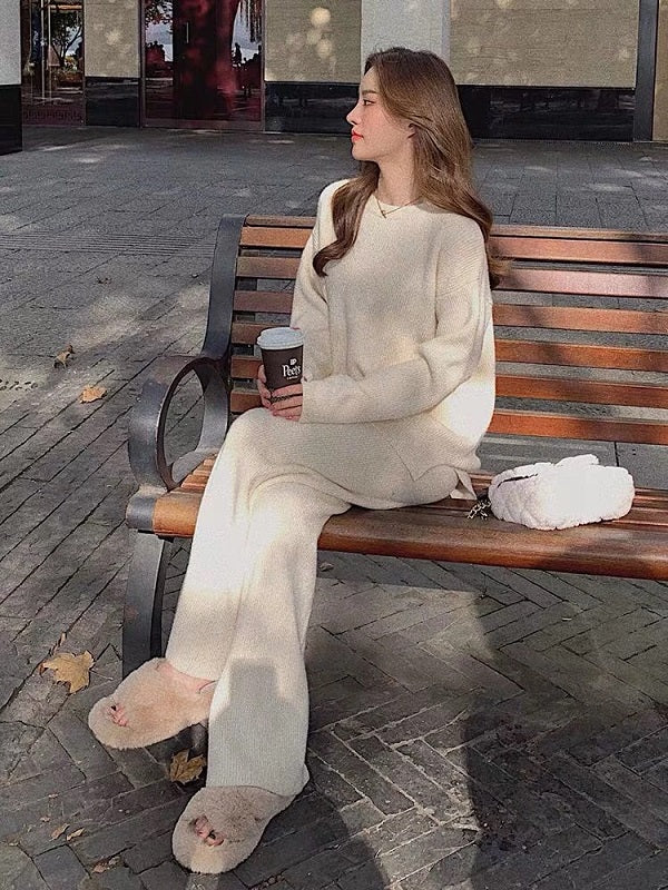 Pullover Knitting Sweater Suits Wide-legged Straight Pants Two Piece Set