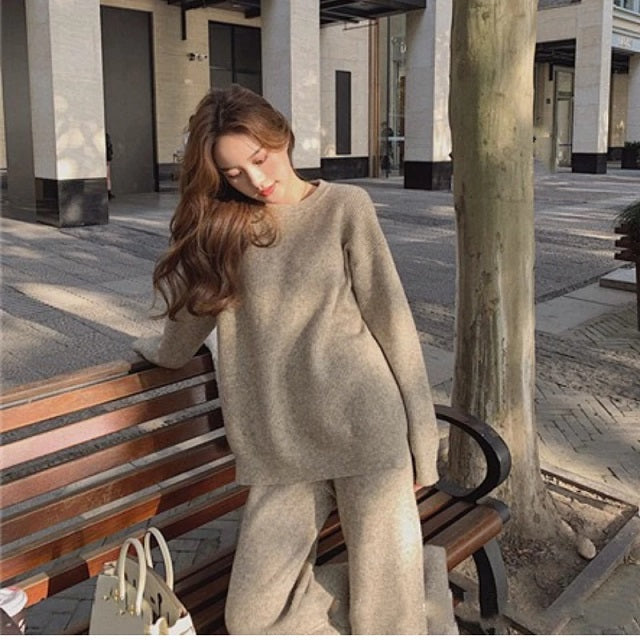 Pullover Knitting Sweater Suits Wide-legged Straight Pants Two Piece Set