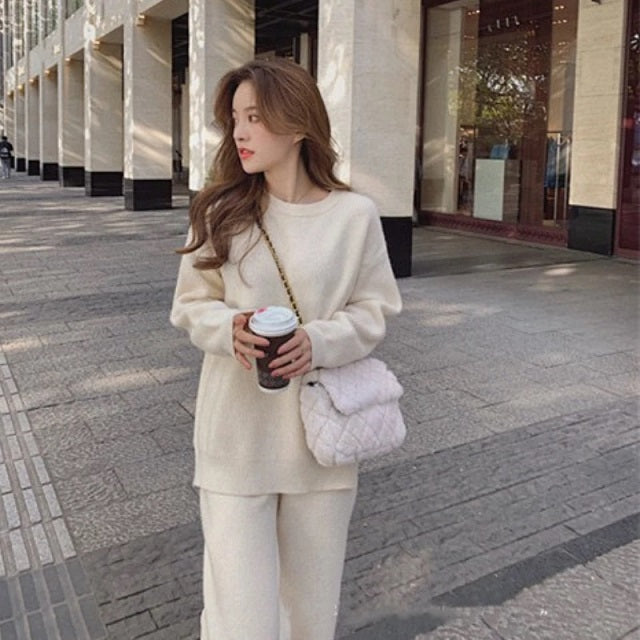 Pullover Knitting Sweater Suits Wide-legged Straight Pants Two Piece Set