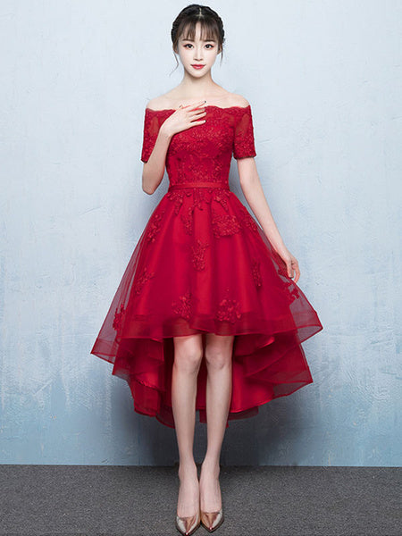 Red Lace High Low Prom Cocktail Party Dresses