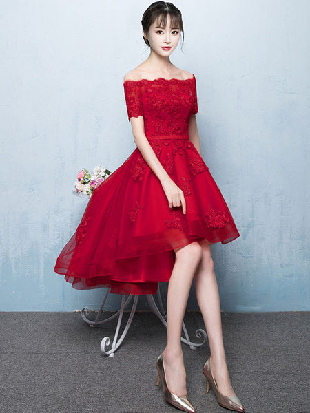 Red Lace High Low Prom Cocktail Party Dresses