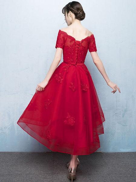 Red Lace High Low Prom Cocktail Party Dresses