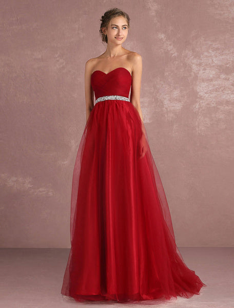 Red Prom Dresses Long Strapless Backless Tulle Evening Dress Sweetheart Sleeveless Rhinestones Sash A Line Party Dress With Train