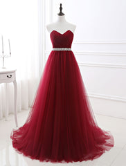 Red Prom Dresses Long Strapless Backless Tulle Evening Dress Sweetheart Sleeveless Rhinestones Sash A Line Party Dress With Train