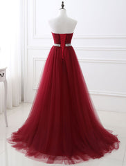 Red Prom Dresses Long Strapless Backless Tulle Evening Dress Sweetheart Sleeveless Rhinestones Sash A Line Party Dress With Train