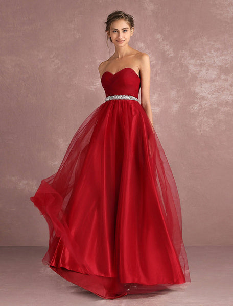 Red Prom Dresses Long Strapless Backless Tulle Evening Dress Sweetheart Sleeveless Rhinestones Sash A Line Party Dress With Train