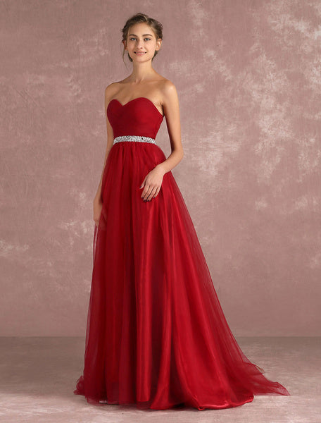 Red Prom Dresses Long Strapless Backless Tulle Evening Dress Sweetheart Sleeveless Rhinestones Sash A Line Party Dress With Train