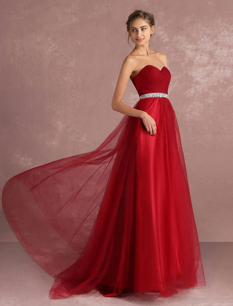 Red Prom Dresses Long Strapless Backless Tulle Evening Dress Sweetheart Sleeveless Rhinestones Sash A Line Party Dress With Train
