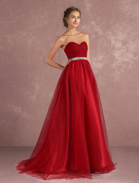 Red Prom Dresses Long Strapless Backless Tulle Evening Dress Sweetheart Sleeveless Rhinestones Sash A Line Party Dress With Train