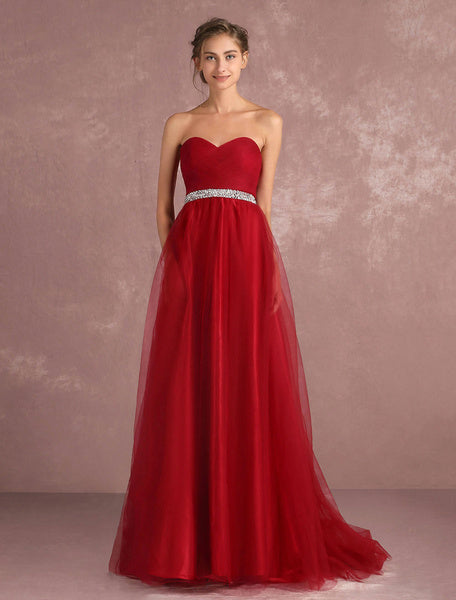 Red Prom Dresses Long Strapless Backless Tulle Evening Dress Sweetheart Sleeveless Rhinestones Sash A Line Party Dress With Train