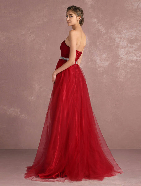 Red Prom Dresses Long Strapless Backless Tulle Evening Dress Sweetheart Sleeveless Rhinestones Sash A Line Party Dress With Train