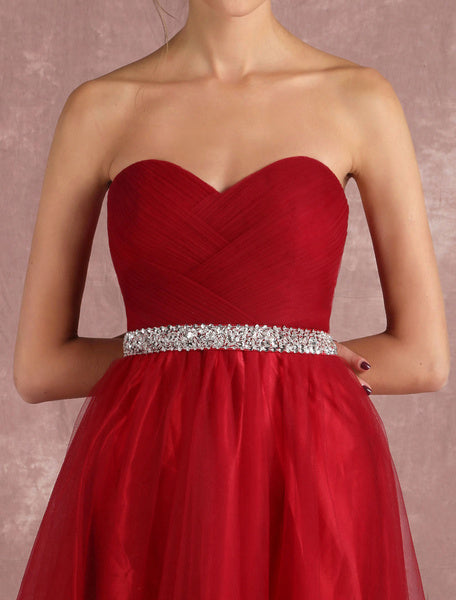 Red Prom Dresses Long Strapless Backless Tulle Evening Dress Sweetheart Sleeveless Rhinestones Sash A Line Party Dress With Train