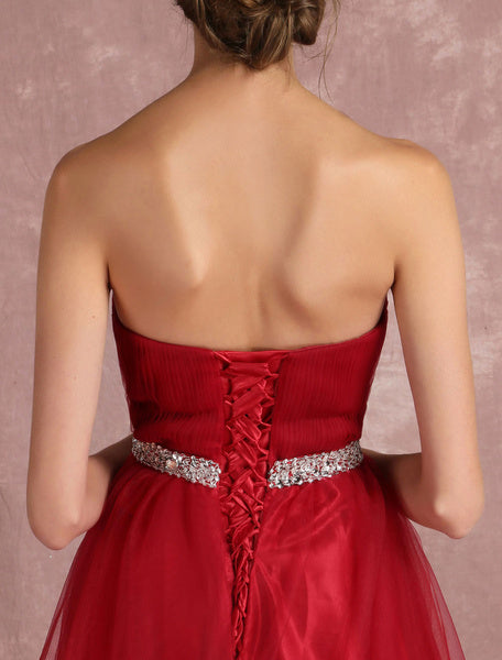 Red Prom Dresses Long Strapless Backless Tulle Evening Dress Sweetheart Sleeveless Rhinestones Sash A Line Party Dress With Train