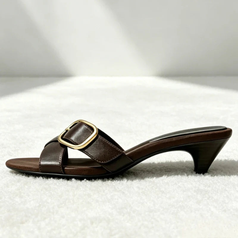 Retro Brown Cross Tied Mules Sandals Belt Buckle Detail Kitten Heel