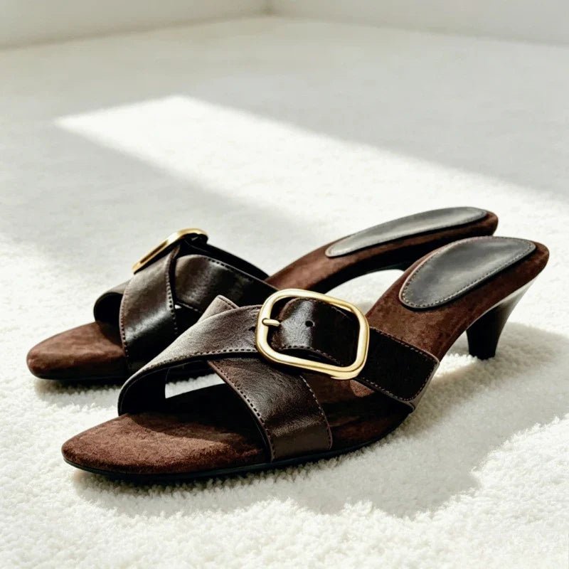 Retro Brown Cross Tied Mules Sandals Belt Buckle Detail Kitten Heel