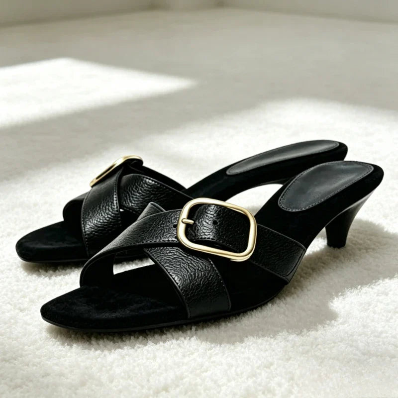 Retro Brown Cross Tied Mules Sandals Belt Buckle Detail Kitten Heel