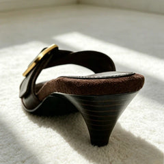 Retro Brown Cross Tied Mules Sandals Belt Buckle Detail Kitten Heel