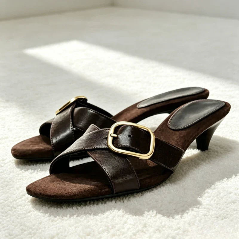 Retro Brown Cross Tied Mules Sandals Belt Buckle Detail Kitten Heel