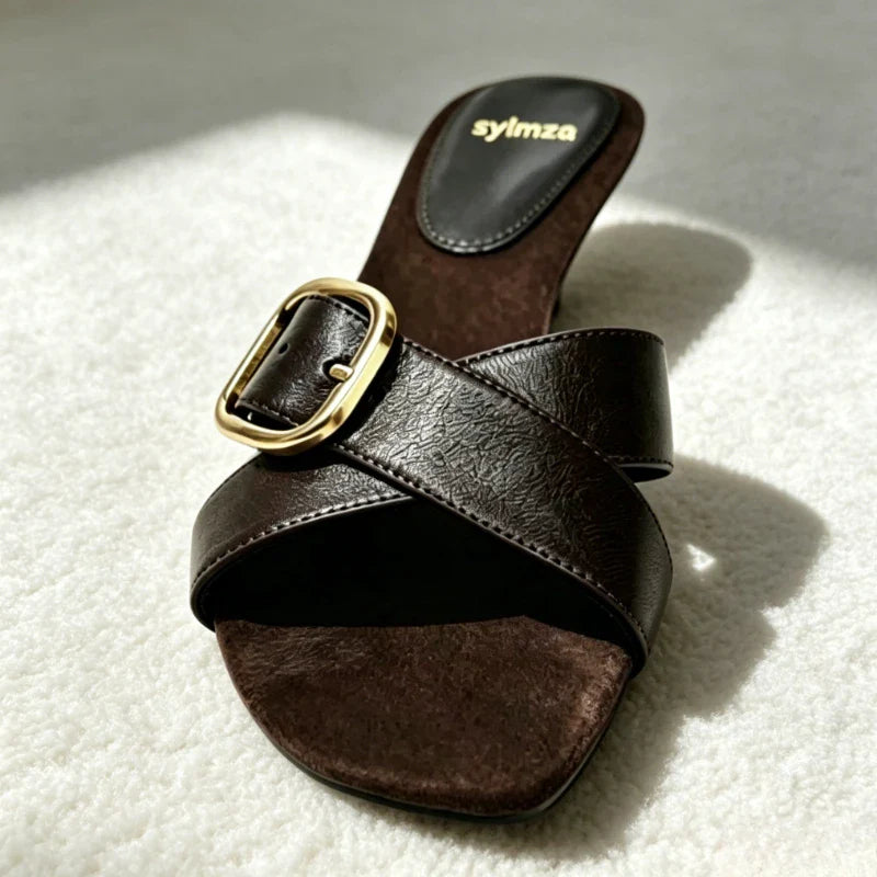 Retro Brown Cross Tied Mules Sandals Belt Buckle Detail Kitten Heel